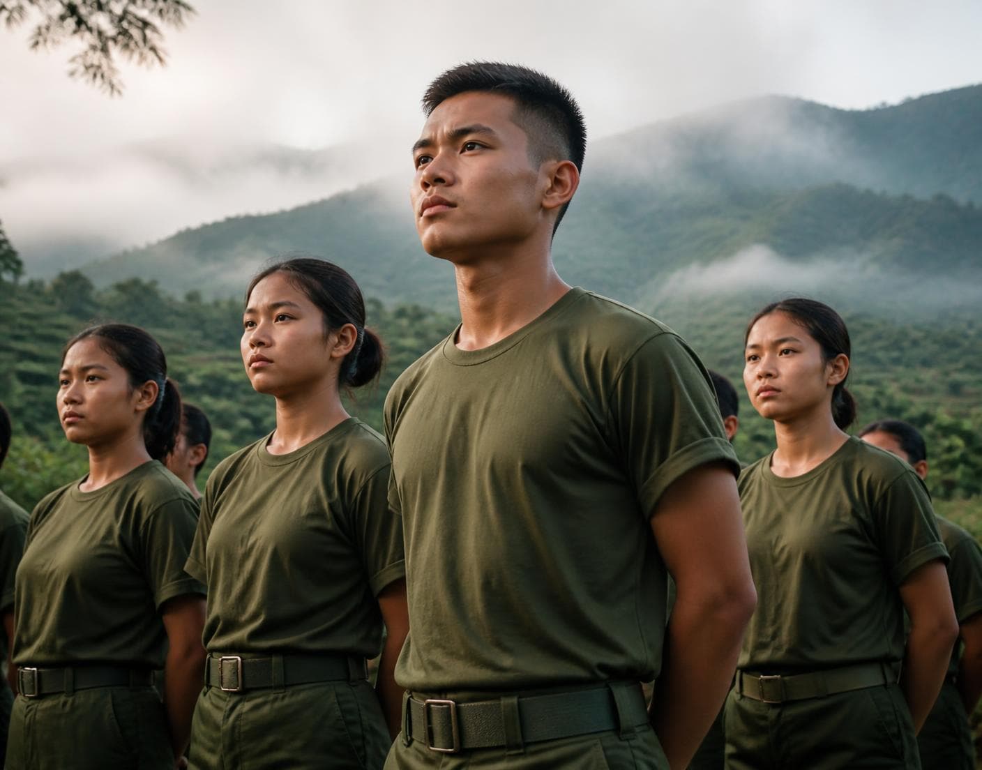 Northeast Warriors candidates in training, standing together in olive fatigues with a misty mountain backdrop
